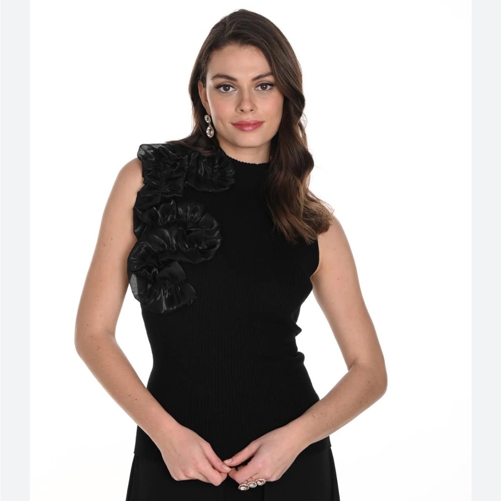 Frank Lyman Black Ruffle Mock Turtleneck Size XS NWT
